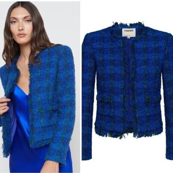 L'agence Angelina Blue Green Tweed Fringe Wool Blazer Jacket Classy Revolve 10 - Picture 1 of 15
